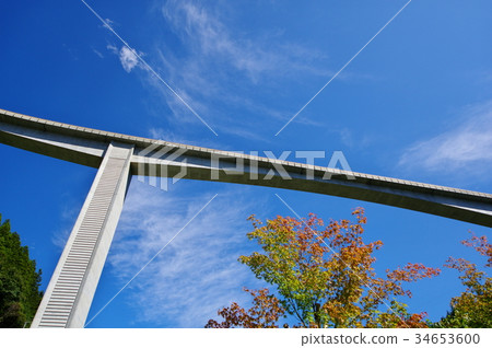 Looking up to the blue sky and loop bridge Oku Chichibu Lightning Den Rokugi Bridge L-2 Momiji that began to be colored 34653600