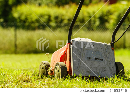 Gardening. Mowing lawn with lawnmower 34653746