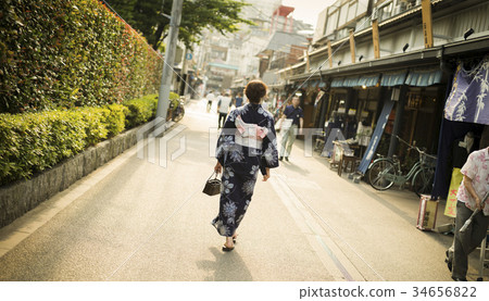 A woman in a yukata walking in the city 34656822