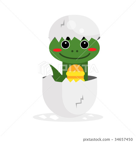 Cute newborn green dinosaur character, funny 34657450