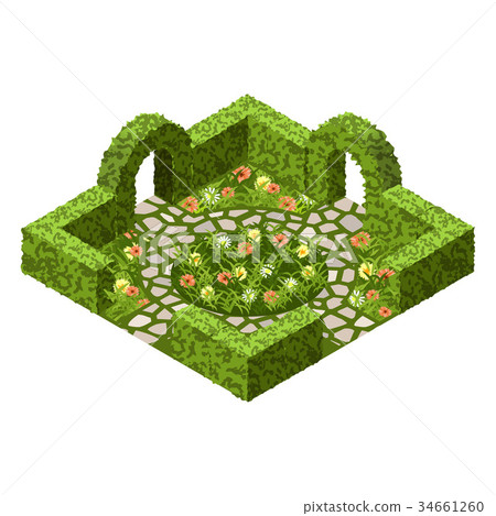 Garden asset with topiary bushes and flowers 34661260