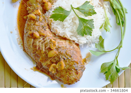 chicken leg spicy and sweet curry and plain rice chicken leg spicy and sweet curry and plain rice 34661804