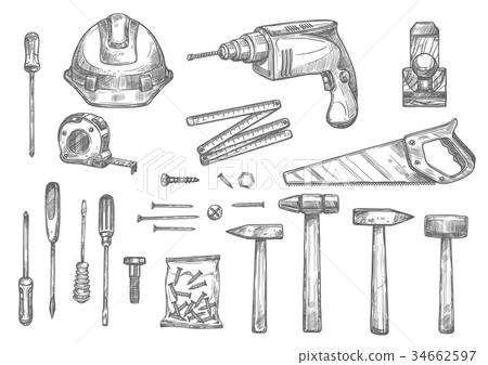 Vector sketch icons of repair work tools 34662597