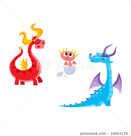 vector flat cartoon dragons with horns, wings set 34663176