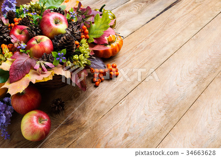 Thanksgiving apple, cone, blue flowers arrangement Thanksgiving apple, cone, blue flowers arrangement 34663628
