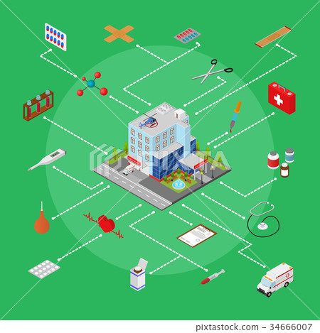 Hospital Building with Equipment Concept Isometric 34666007