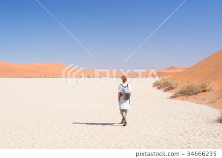 Tourist walking  Sossusvlei, Namib desert 34666235