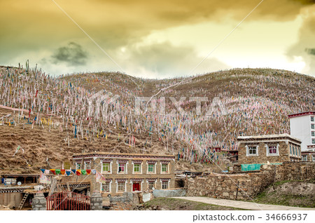Buddhist prayer flags in tibetan highlands Buddhist prayer flags in tibetan highlands 34666937