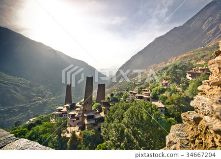 Tibetan defense towers of village Suopo in China Tibetan defense towers of village Suopo in China 34667204
