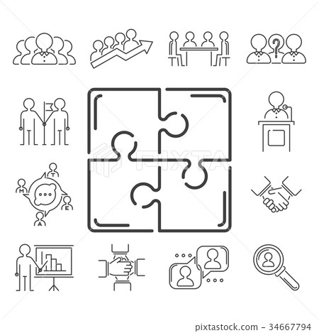 Business teamwork teambuilding thin line icons Business teamwork teambuilding thin line icons 34667794