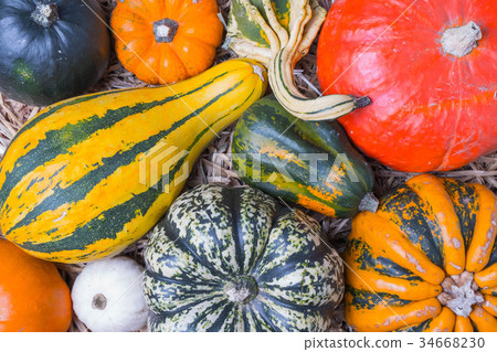 Pumpkins on hay background 34668230