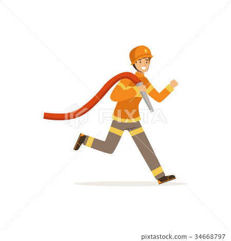 Fireman character running with water hose Fireman character running with water hose 34668797