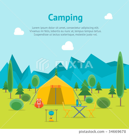 Cartoon Camping Day View Card Poster. Vector Cartoon Camping Day View Card Poster. Vector 34669678