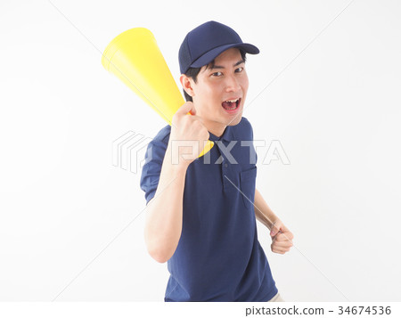 Worker with a yellow megaphone 34674536