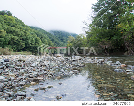 秋田縣Aspiration Valley紅色吊橋神的Iwahashi橋 秋田縣Aspiration Valley紅色吊橋神的Iwahashi橋 34677905