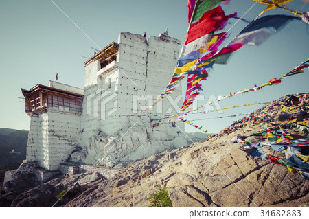 Prayer tibetan flags near Namgyal Tsemo Monastery Prayer tibetan flags near Namgyal Tsemo Monastery 34682883