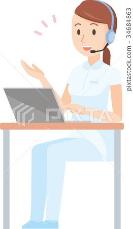 Illustration of a nurse woman in a white uniform talking in a headset 34684863
