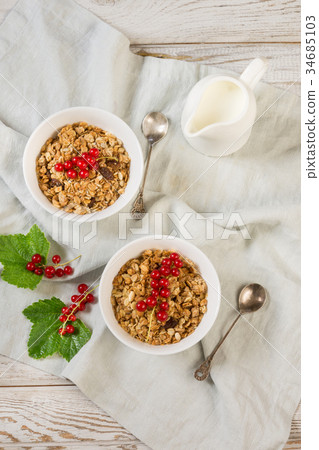 Healthy breakfast for two person of granola. Healthy breakfast for two person of granola. 34685103