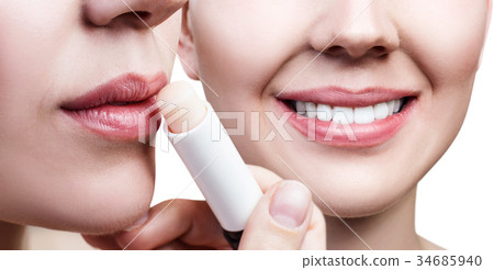 Collage of woman with lipbalm and beautiful smile. 34685940
