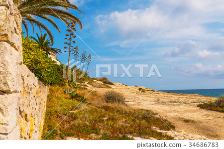 high cliff above the sea, summer sea background 34686783