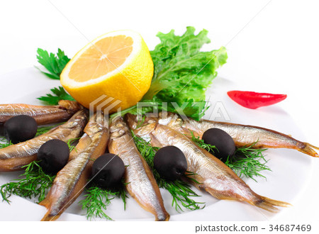 anchovies on white background 34687469