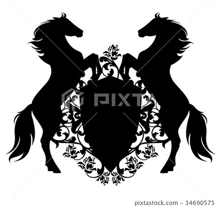 horses & shield among rose flowers vector design horses & shield among rose flowers vector design 34690575