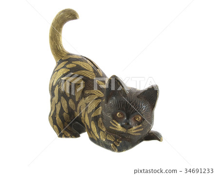 Bronze statuette of fun cat isolated over white Bronze statuette of fun cat isolated over white 34691233