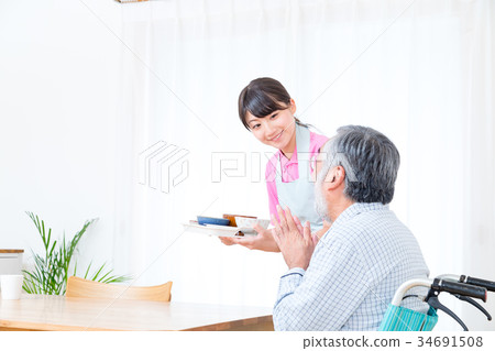 Meal Young nurse or carer and grandpa Retirement Home Day Care Center 34691508