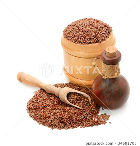 flax seeds and oil isolated on white background 34691703