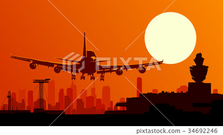 Vector illustration of airport with flying plane. Vector illustration of airport with flying plane. 34692246