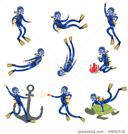 Diving and snorkeling set, diver in underwater 34692538