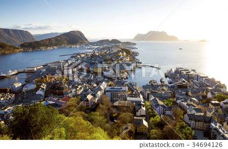 Aerial panorama of Alesund city 34694126