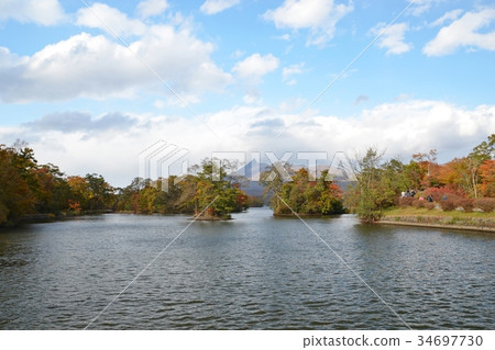 大沼國家紀念碑和北海道Komagatake秋季葉子 大沼國家紀念碑和北海道Komagatake秋季葉子 34697730