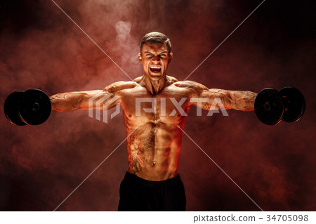 very brawny guy bodybuilder, execute exercise with 34705098