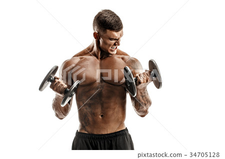 Strong topless man doing exercise with dumbbells 34705128