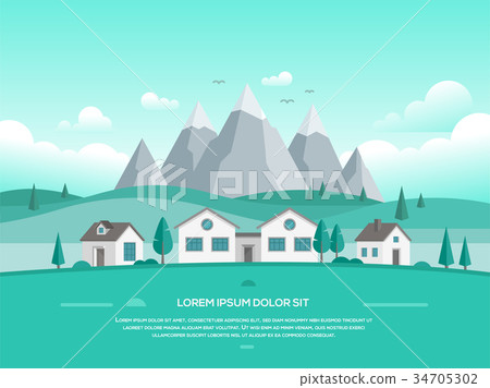 Landscape with houses by the mountains - modern - Stock Illustration ...