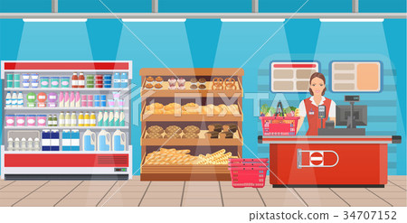 Supermarket store interior with goods. Supermarket store interior with goods. 34707152