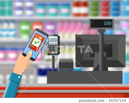 Pos terminal confirms payment by bank card. 34707154