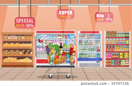 Supermarket store interior with goods. 34707156