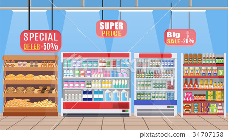 Supermarket store interior with goods. B 34707158