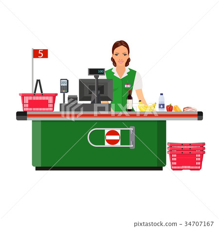 Woman cashier smiles buyer near the cash register Woman cashier smiles buyer near the cash register 34707167