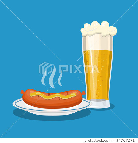 Glass mug of beer and plate with sausage Glass mug of beer and plate with sausage 34707271
