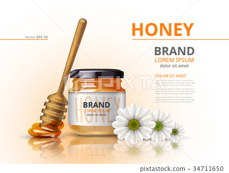 Acacia honey jar with wooden dipper Vector realistic mock up flower background 34711650