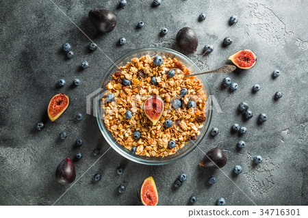 Healthy breakfast of muesli with nuts in bowl 34716301