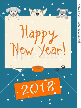 Funny new year blue card with three cartoon dogs Funny new year blue card with three cartoon dogs 34717927