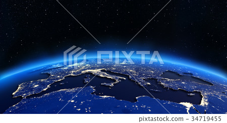 Europe and North Africa city lights map 3d - Stock Illustration ...