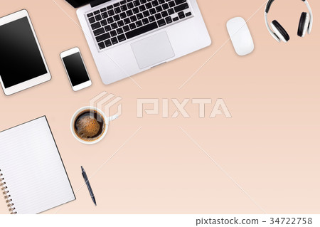 Modern workspace with laptop tablet, smartphone Modern workspace with laptop tablet, smartphone 34722758