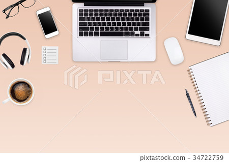 Modern workspace with laptop tablet, smartphone Modern workspace with laptop tablet, smartphone 34722759