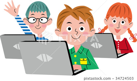 Class scene using a computer of elementary... - Stock Illustration ...