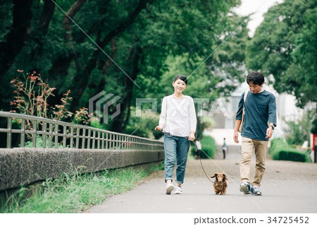 Japanese couple taking a dog walk 34725452